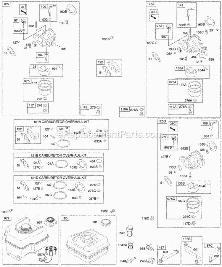 Carburetor Fuel Supply Diagram and Parts List for 124332-0036-E1  Briggs and Stratton Engine